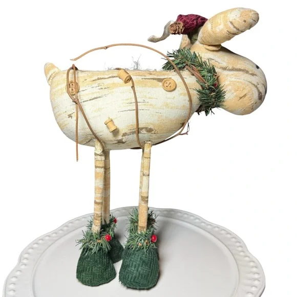 Plush Standing CHRISTMAS MOOSE, Rustic Wreath Winter Scarf Hat 12X10 Cottagecore - Picture 5 of 10